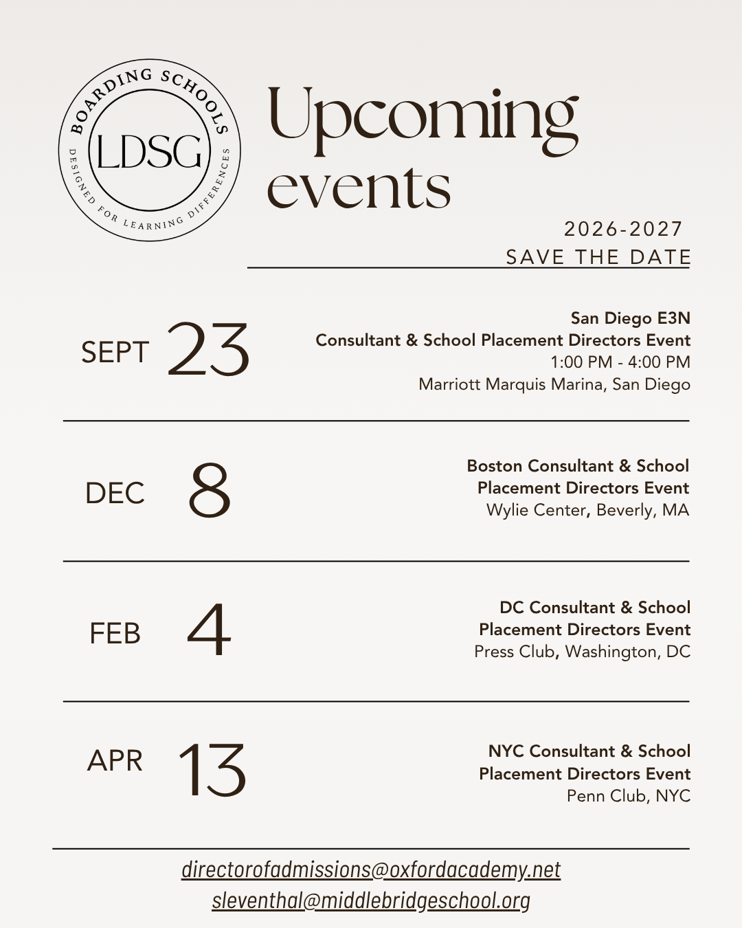 LDSG 2026–2027 Save the Date: September 23 San Diego E3N; December 8 Boston; February 4 Washington, DC; April 13 New York City.